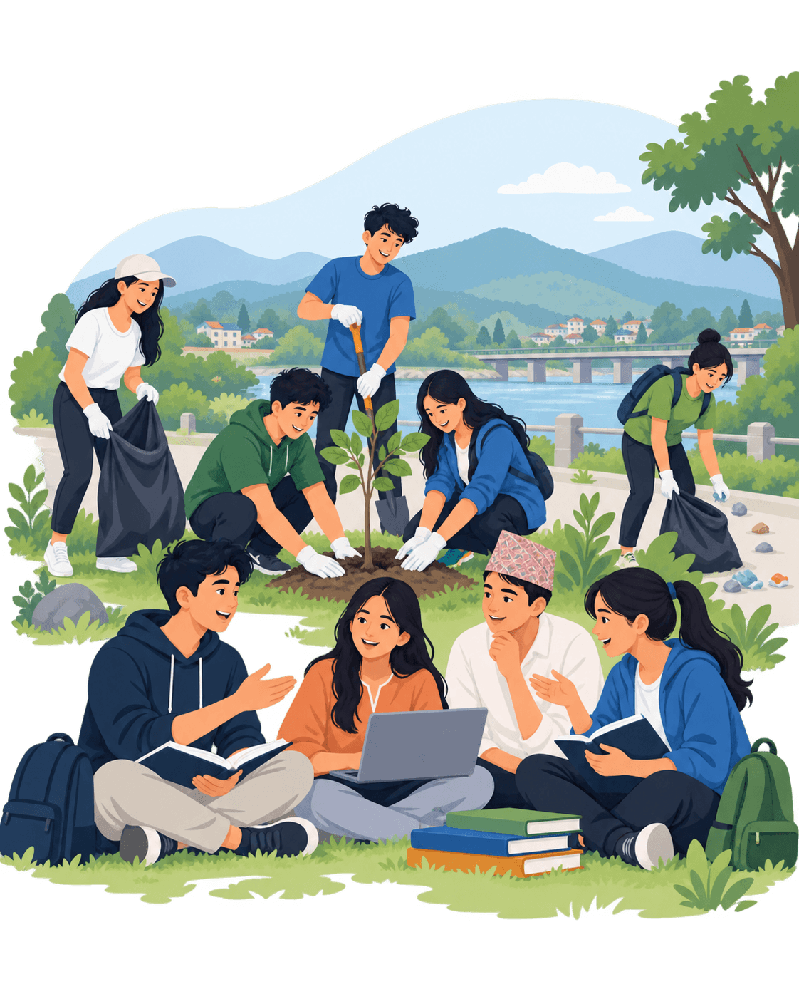 Young people working together through tree planting, community cleaning, and skill development